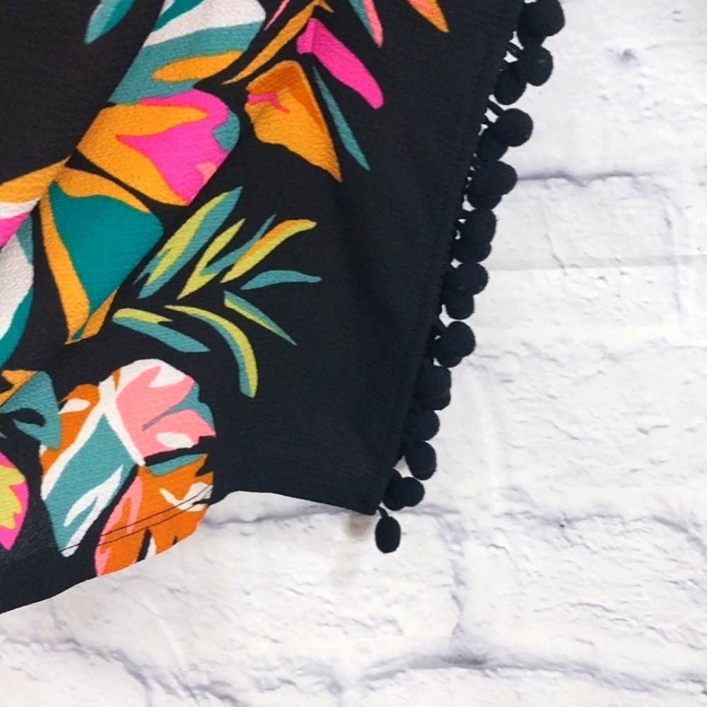 🔵BOGO FREE🔵 Floral Black Kaftan Swim Suit Cover-Up w Pom Poms Sz XL - Picture 3 of 5